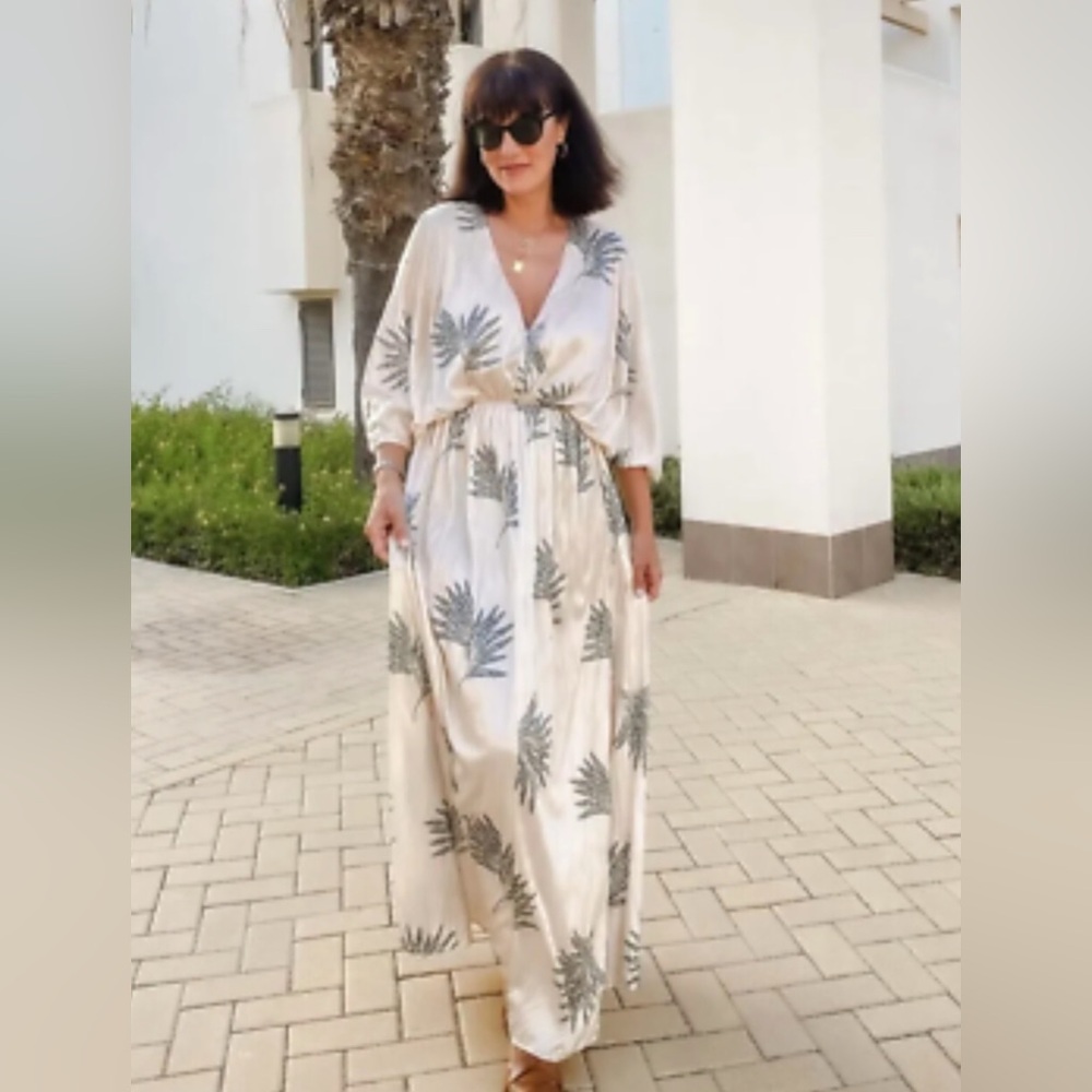 Zara Cream Maxi Dress with Green Palm Print